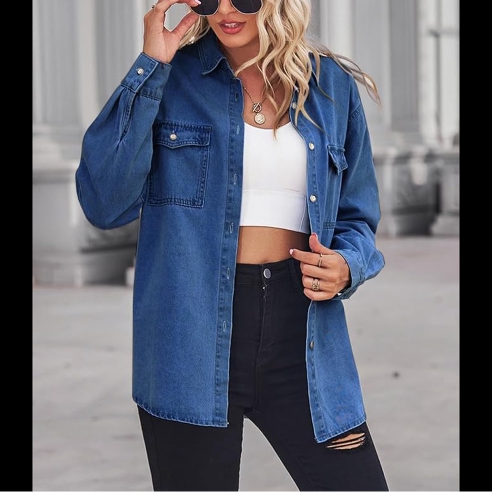 Chouyatou Button Down Denim Shirt Shirt Top Shacket XL Womens Blue Fall NWT - Picture 2 of 8